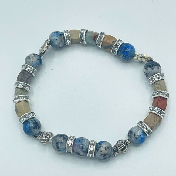 Sea Turtle K2 Picasso stone jasper crystal beaded stretch bracelet ONE NEW rhine - Picture 8 of 8